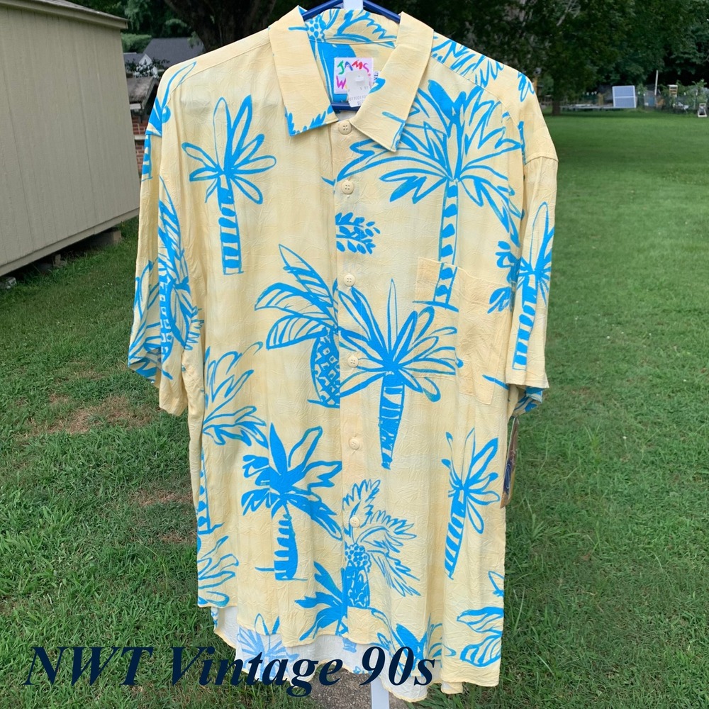 Vintage Jams World XL Jamaica Palm Print Rayon Shirt 1997 Made in USA New